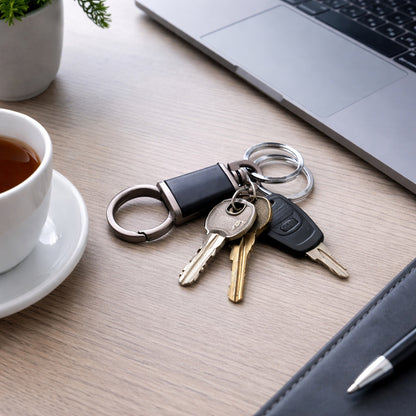 Wukusy premium dual ring metal key holder with rotating swivel and sleek design, holding keys securely.