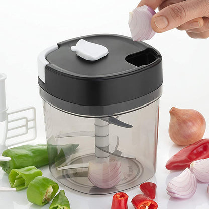 Wukusy 2-in-1 handy chopper and slicer for fruits, vegetables, cheese; compact kitchen tool for chopping and slicing tasks.