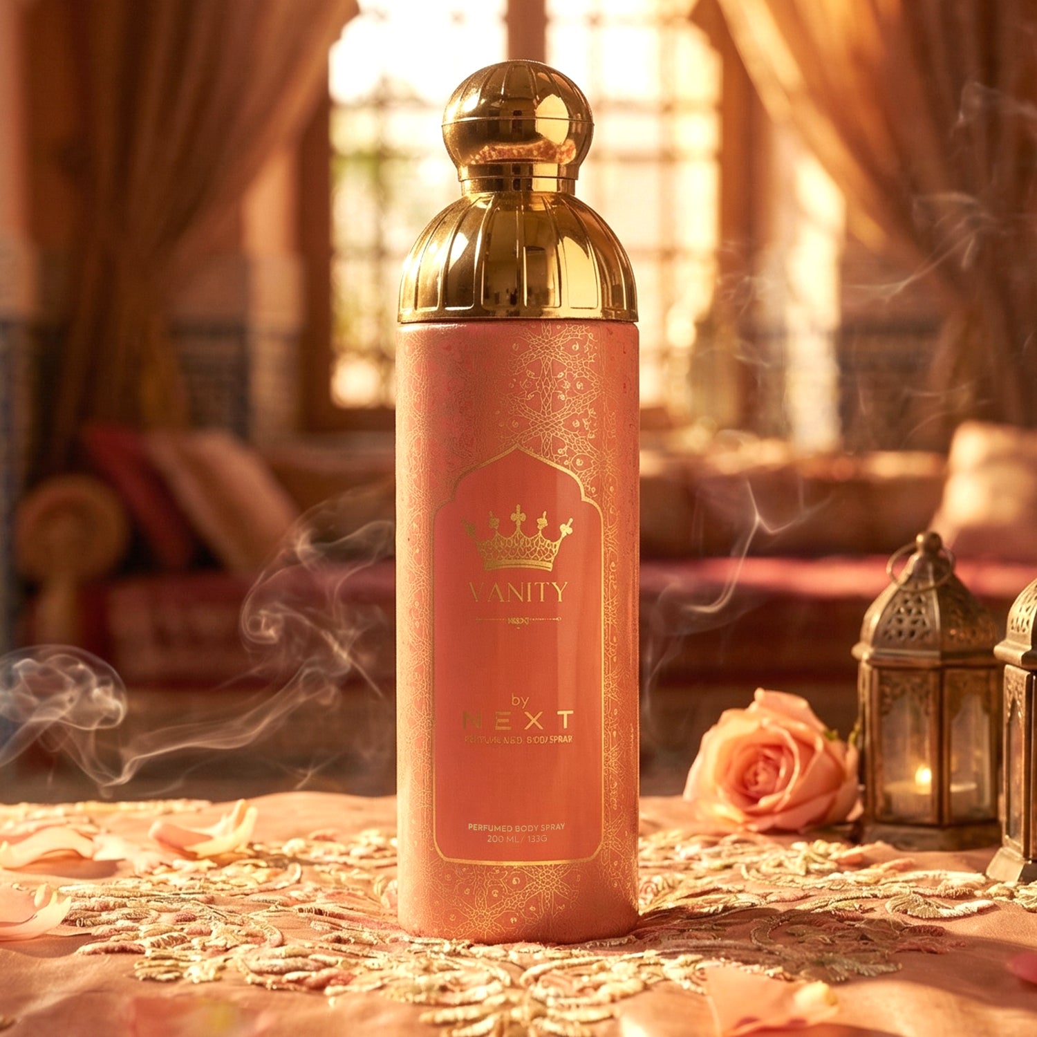 Next Vanity Premium Perfumed Body Spray by Wukusy, 200ml bottle with elegant packaging and floral scent design.