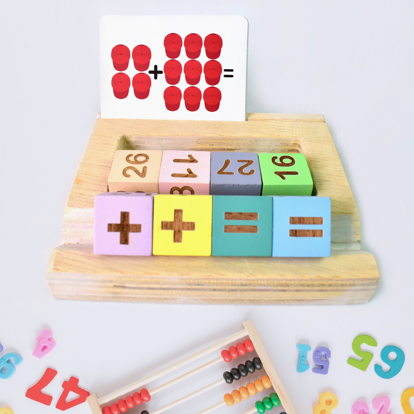 Wooden MathTime educational math card game for kids by Wukusy, featuring colorful wooden cards for learning math skills.