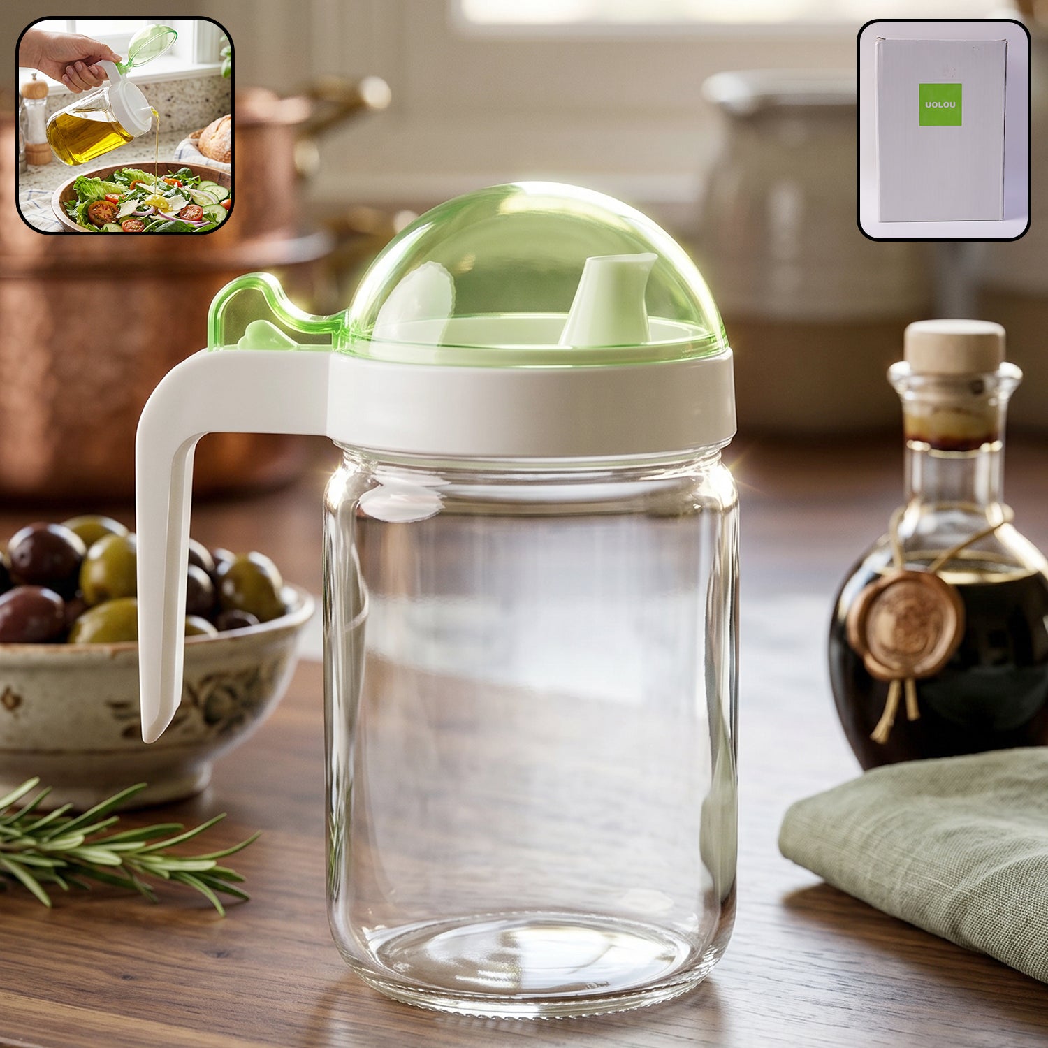 Wukusy glass oil bottle with lid, 580ml capacity, ideal for storing and pouring cooking oils in a kitchen setting.