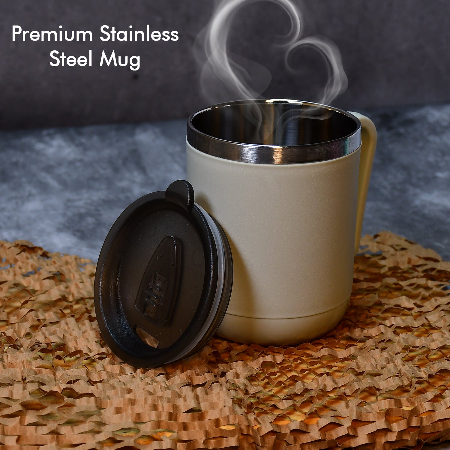 Wukusy 8137 Ganesh stainless steel coffee mug with heat-resistant lid, 400ml capacity, suitable for home and kitchen use.