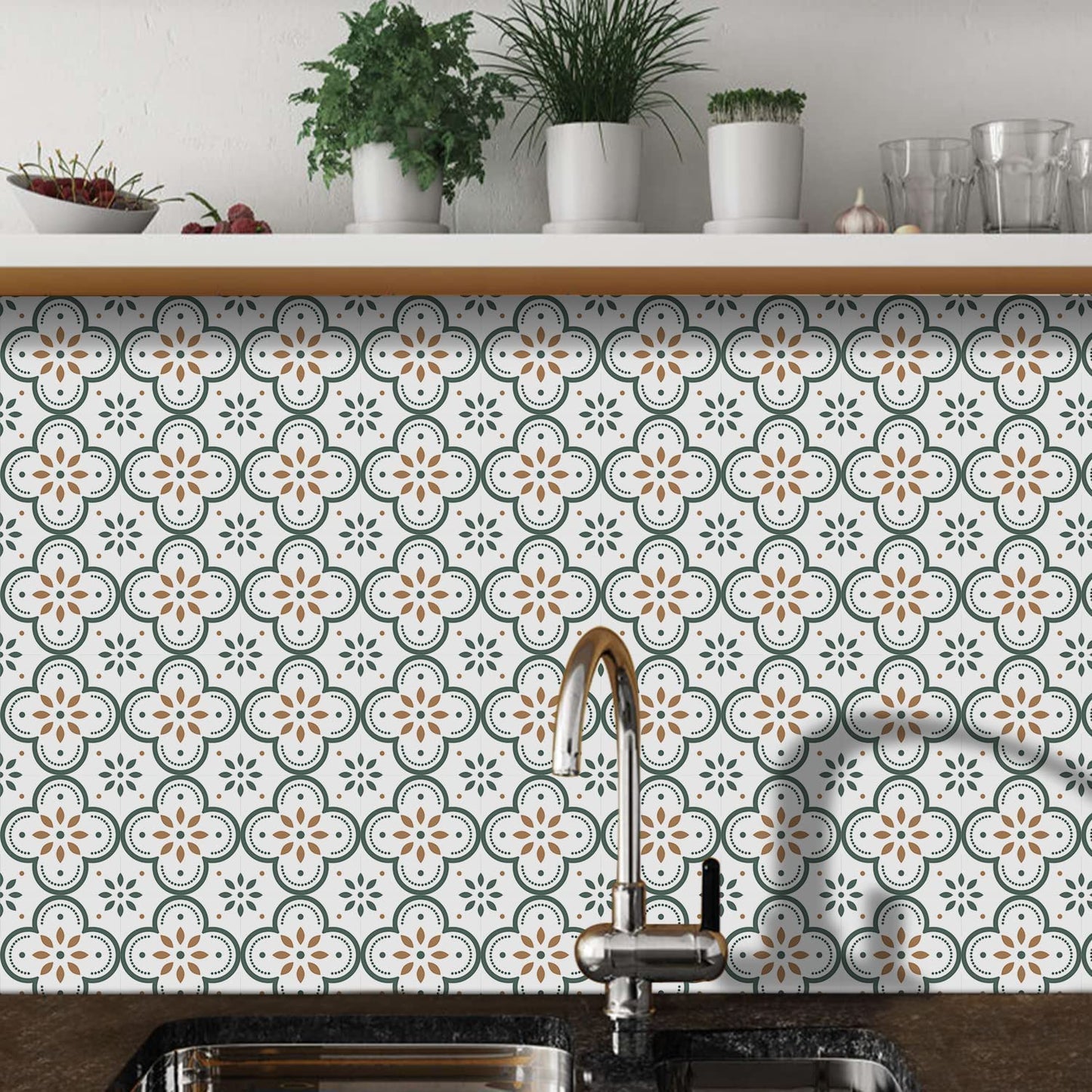 Wukusy peel and stick floor tiles for kitchen and bathroom, 8x8 inch waterproof DIY wall and floor tile stickers, 10-piece set