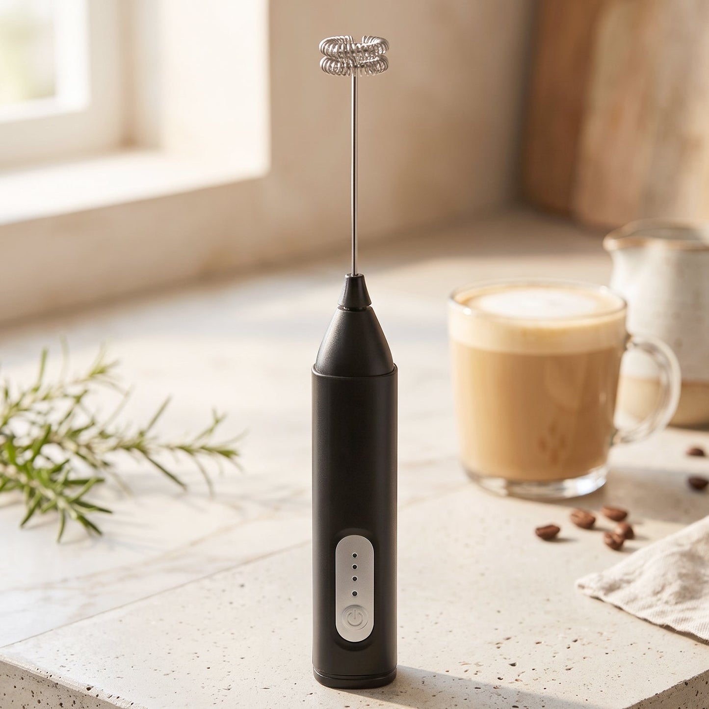 Wukusy handheld electric milk frother and coffee foam maker with whisk, battery-operated, for frothing milk and making coffee foam.