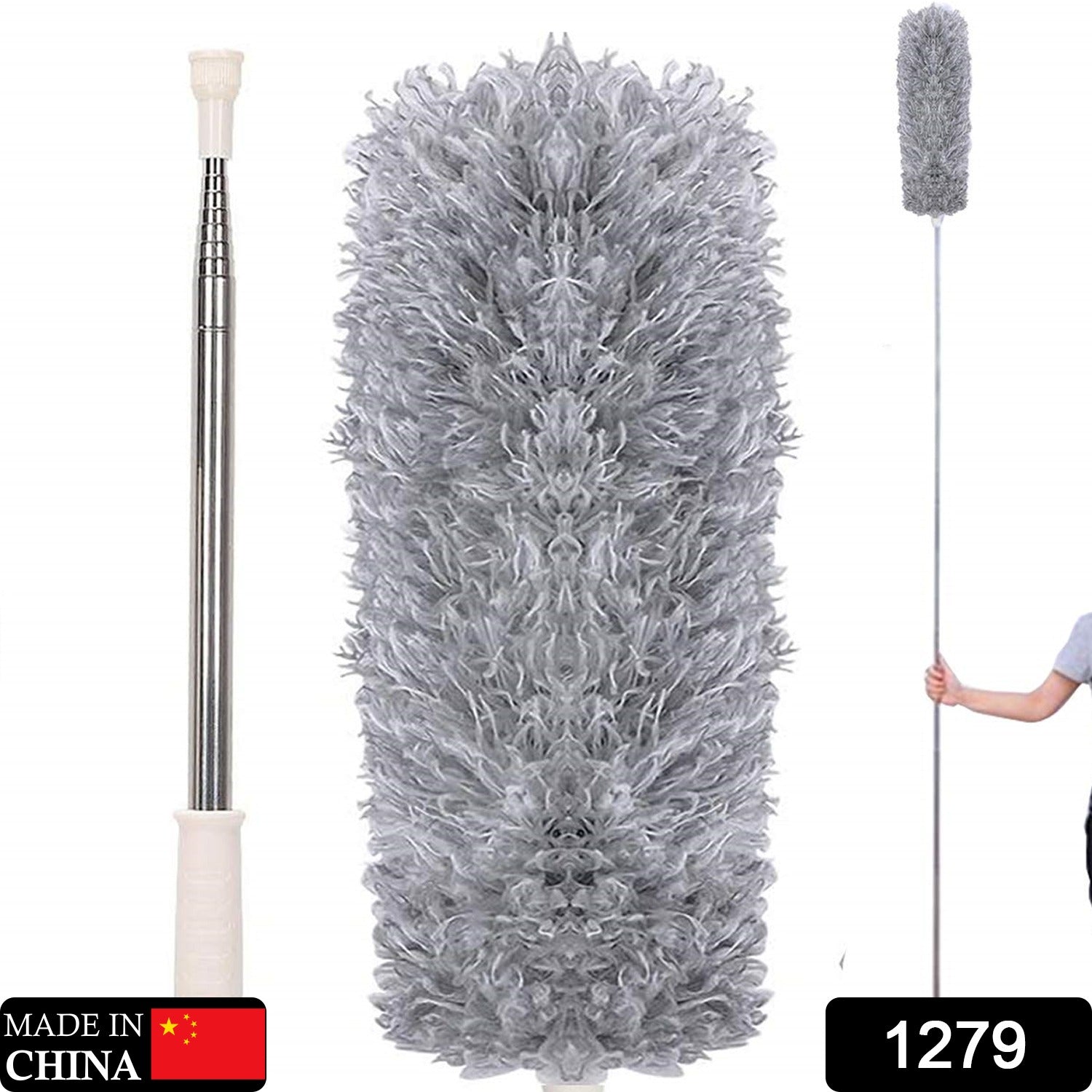 Wukusy microfiber telescoping feather duster with 100-inch extendable handle, ideal for cleaning ceilings, fans, blinds, and cobwebs.