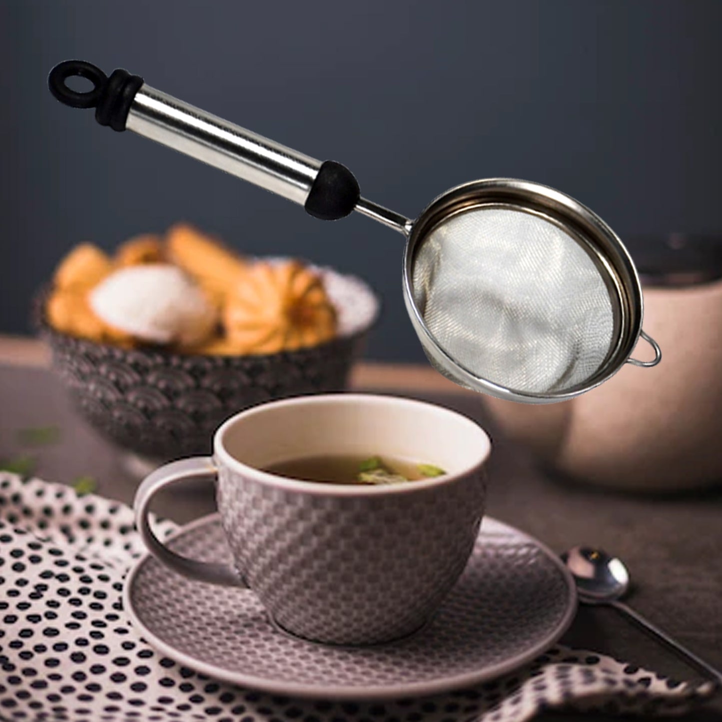 Wukusy stainless steel soup and tea strainer with fine mesh for filtering liquids in kitchen use.