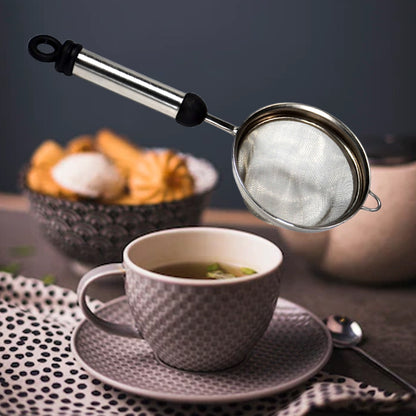 Wukusy stainless steel soup and tea strainer with fine mesh for filtering liquids in kitchen use.