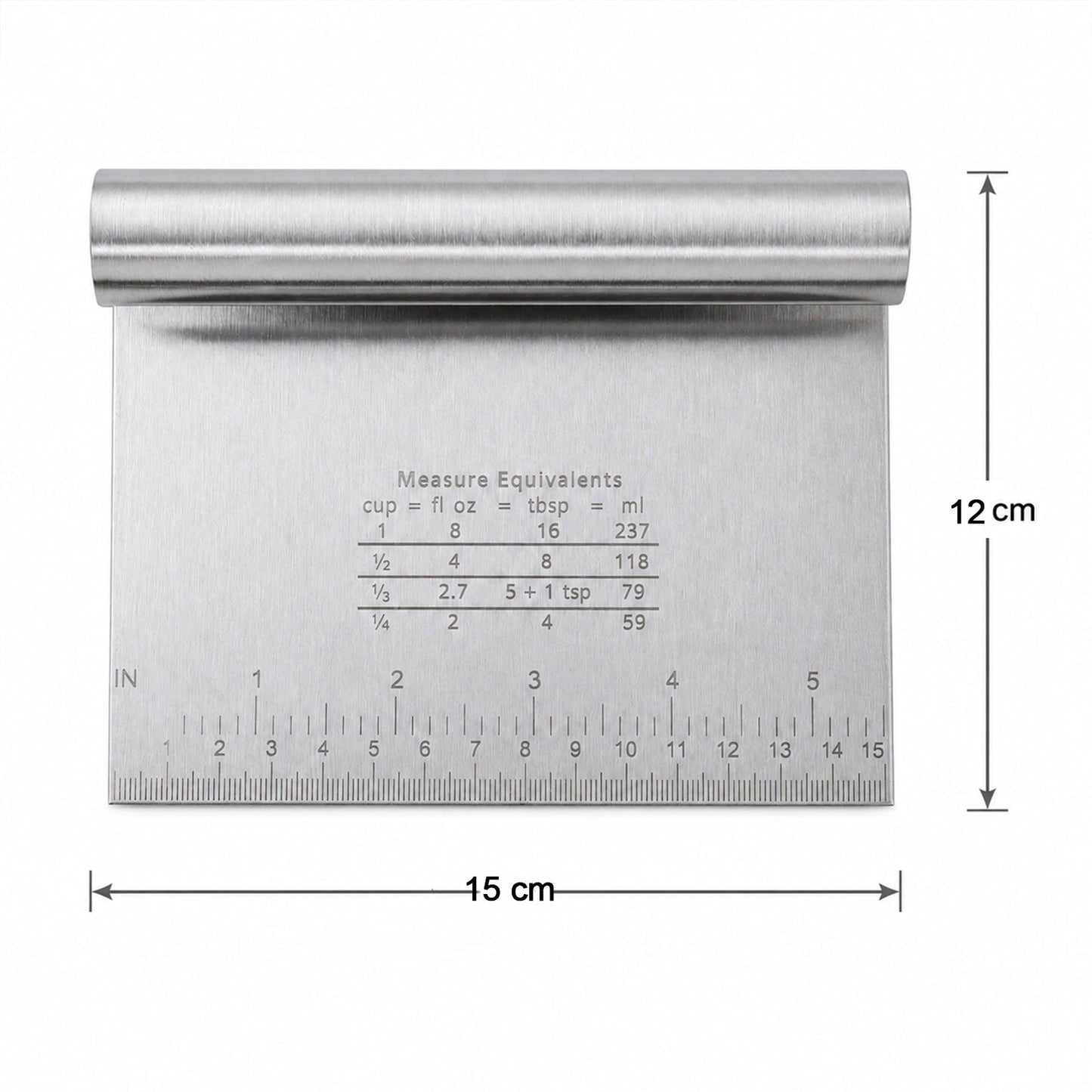 Small Wukusy stainless steel dough scraper cutter with scale, measuring 15x12 cm, shown on a kitchen surface with dough.