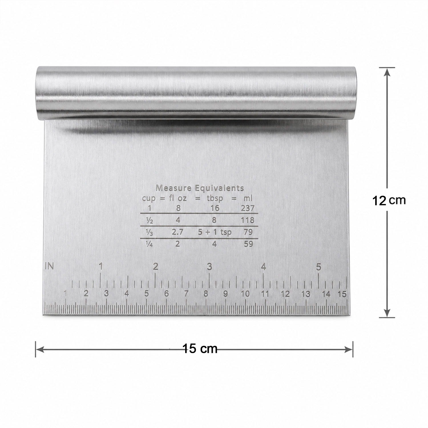 Small Wukusy stainless steel dough scraper cutter with scale, measuring 15x12 cm, shown on a kitchen surface with dough.