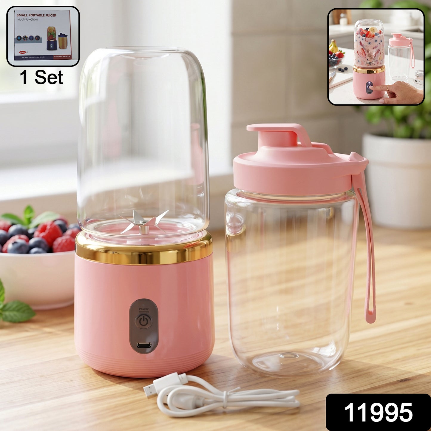 Wukusy portable electric cordless juicer with USB charging, compact design for on-the-go fresh juice preparation.