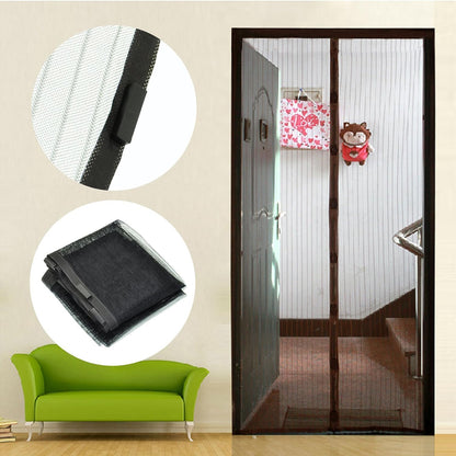 Wukusy Magic Mesh hands-free screen door with instant opening, featuring lightweight mesh fabric for easy insect protection.