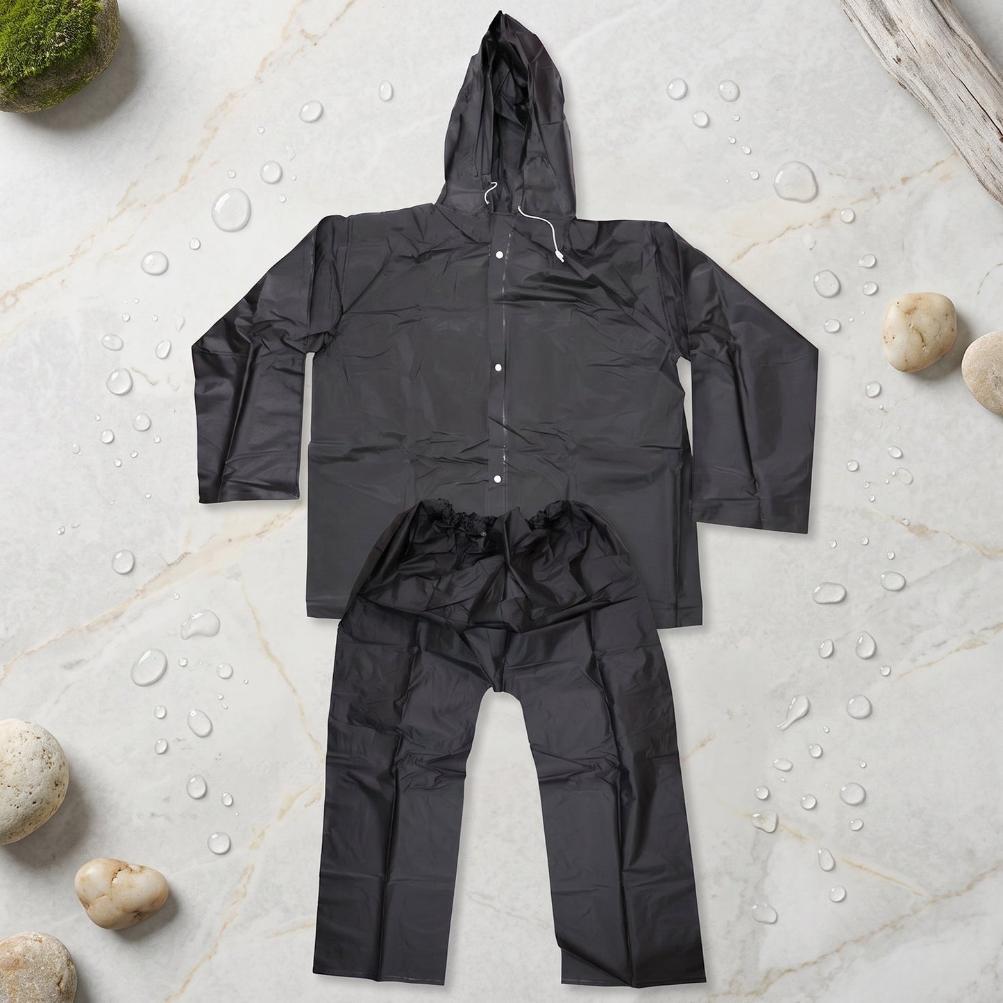 Wukusy reusable waterproof EVA rain coat set with hood jacket and matching pants, ideal for rainy weather.