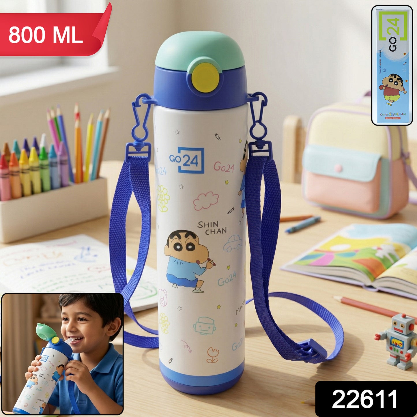 Wukusy Pexpo Kids stainless steel water bottle, 500ml, with colorful design and secure screw lid for school use.