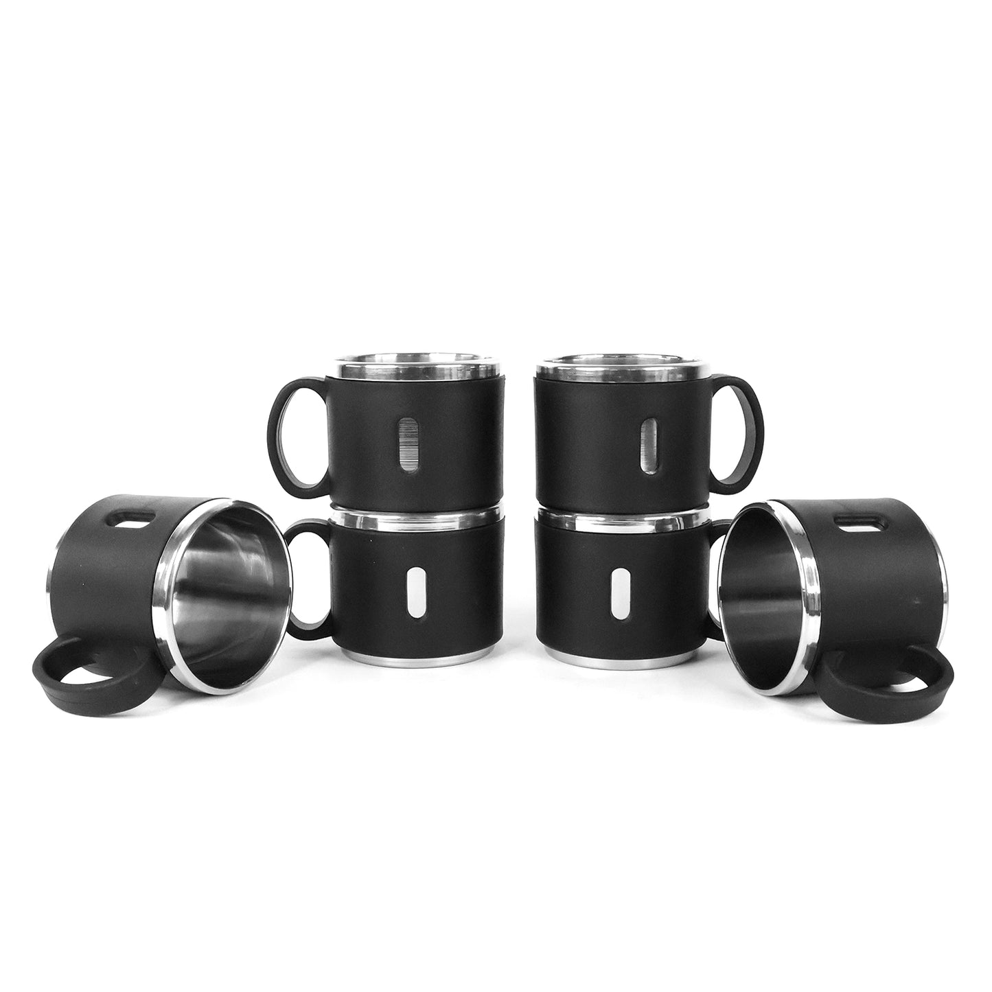 Set of six Wukusy Apex stainless steel double wall coffee mugs, 150ml, with sleek design and insulated double wall construction.