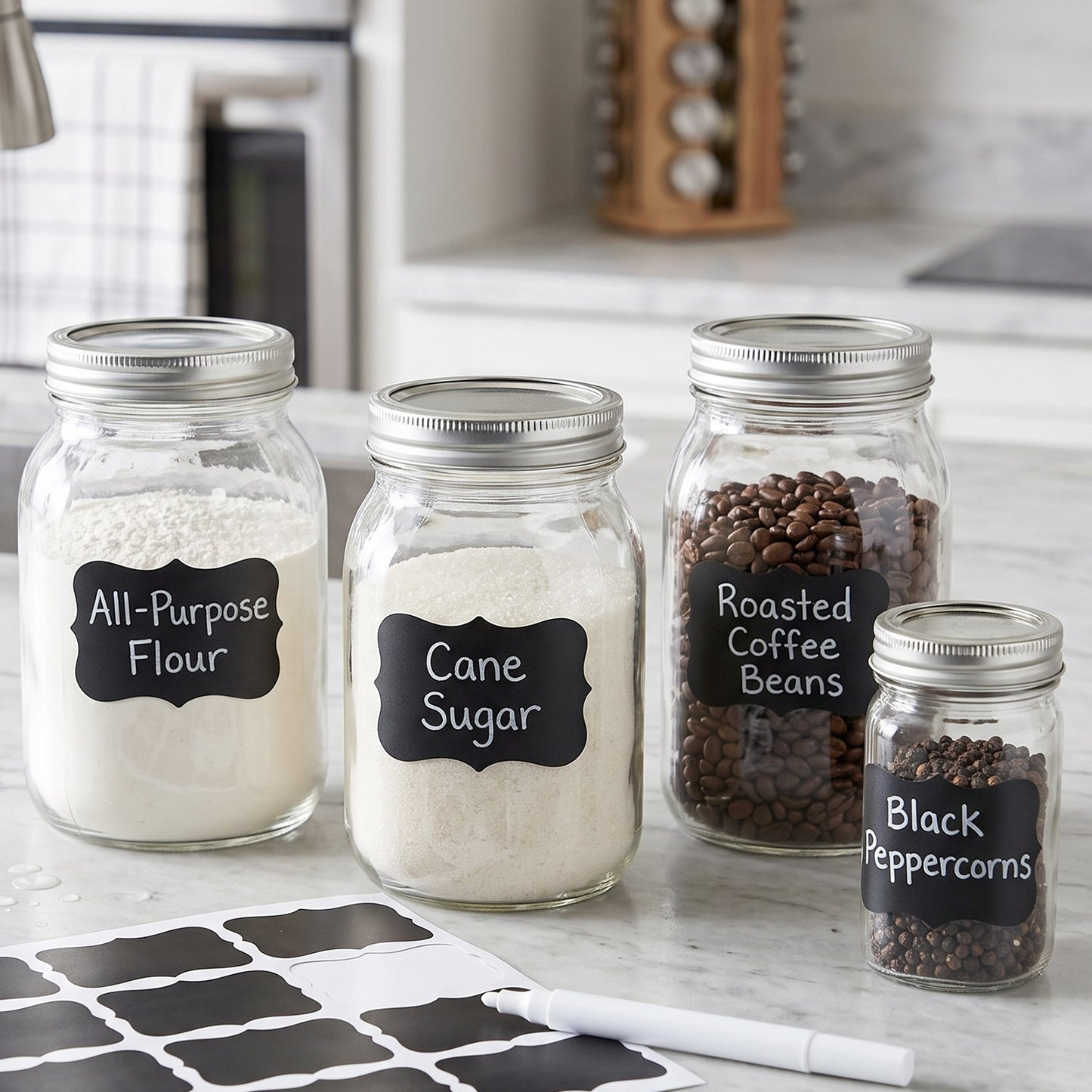 Set of Wukusy chalkboard sticker labels with marker pen, featuring fancy shapes for jars and organization purposes.