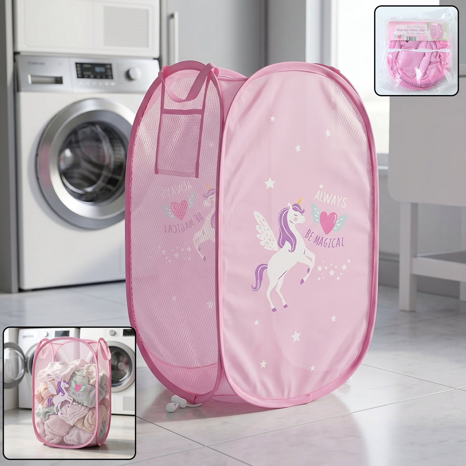 Foldable kids laundry basket with unicorn design from Wukusy, measuring 36x36x58 cm, featuring a playful unicorn motif.