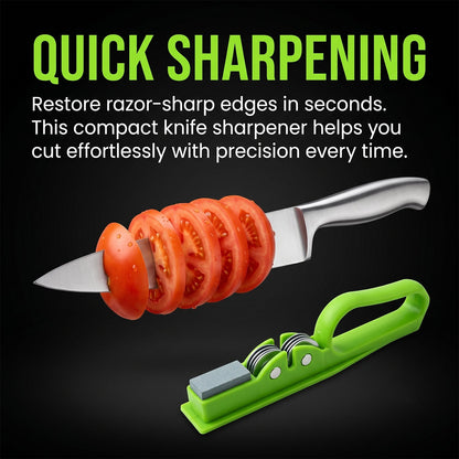 Wukusy handheld knife sharpener with grip handle, featuring manual blade sharpening mechanism and compact design.