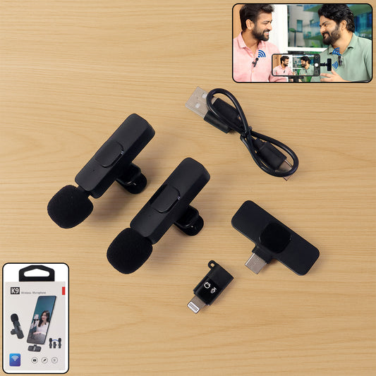 Wukusy K9 Dual Wireless Microphone Set for mobile devices, with two handheld microphones and accessories on a white background.
