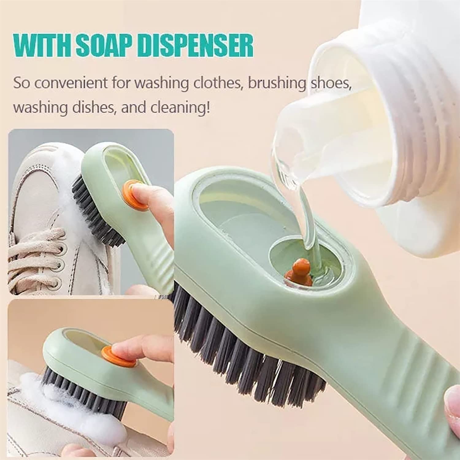 Wukusy multifunctional scrubbing brush with liquid soap dispenser, handle, and shoe cleaning brush for home cleaning tasks.