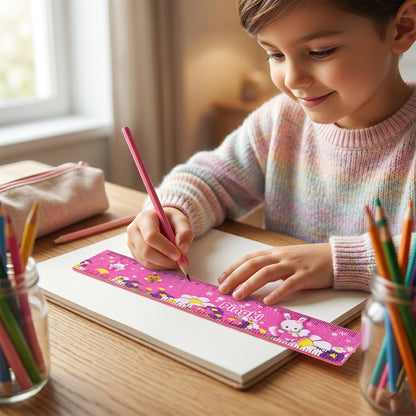 Pink Wukusy 7-in-1 stationery set with ruler, pencil, eraser, notebook, and sharpener arranged on a white background.