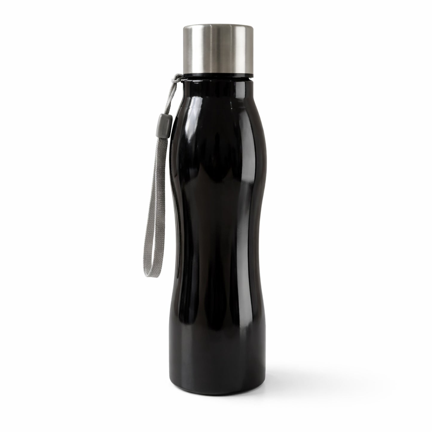 Stainless steel Wukusy water bottle with 600 ml capacity and carry strap, shown with a sleek, shiny finish and ergonomic design.