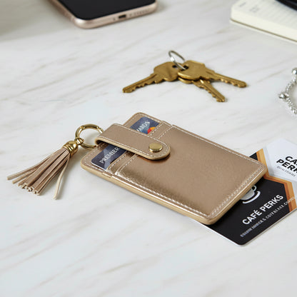 Wukusy PU leather card holder wallet with button strap, compact design, featuring multiple card slots and a secure strap closure.