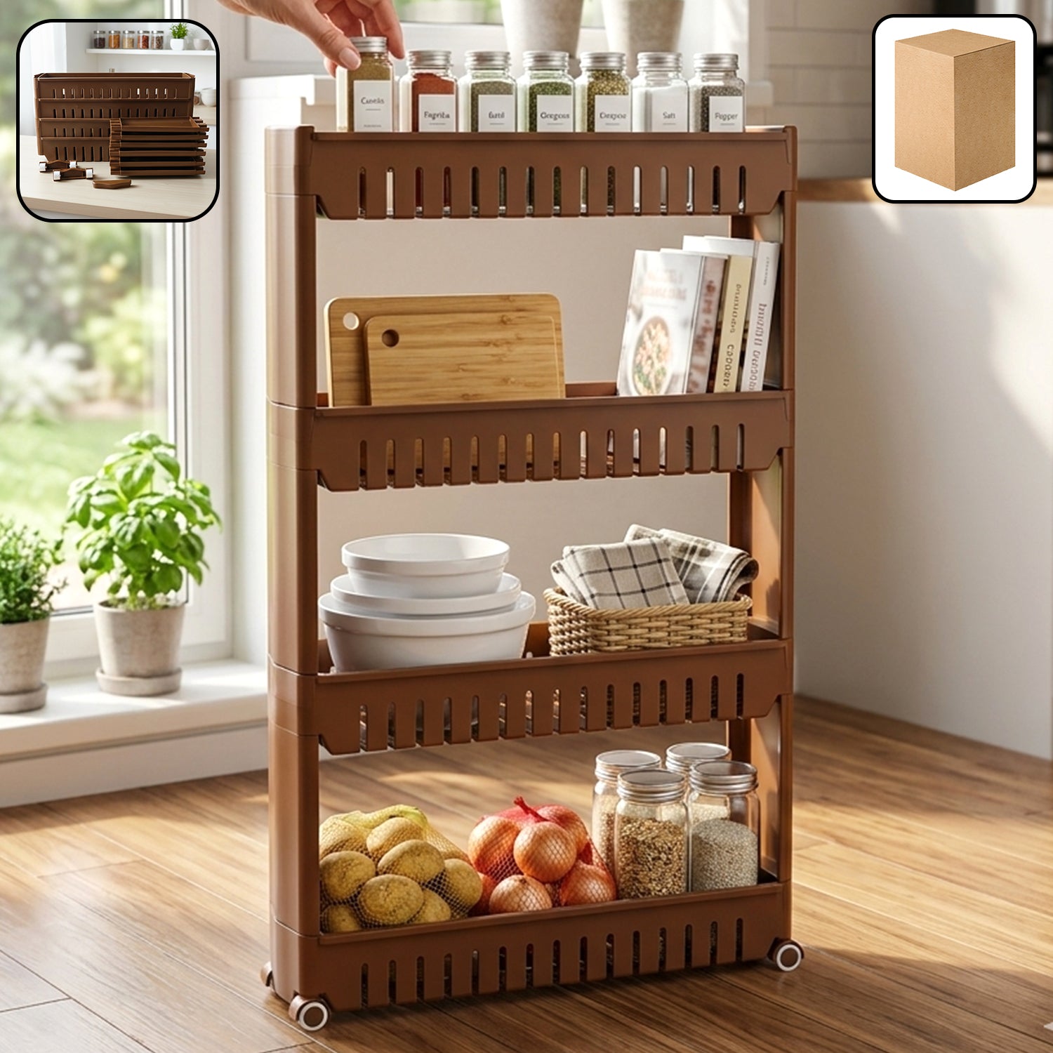 Multipurpose Plastic 4 Layer Storage Rack With Wheels
