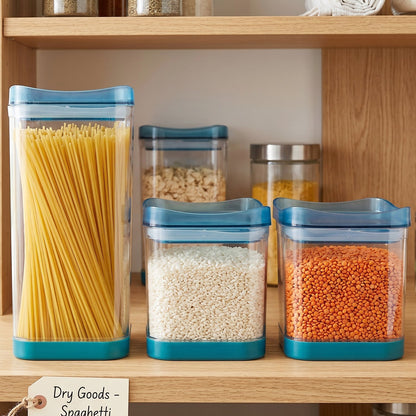 Wukusy Squarion airtight plastic storage containers set for kitchen and grocery, featuring four clear, stackable containers with lids.