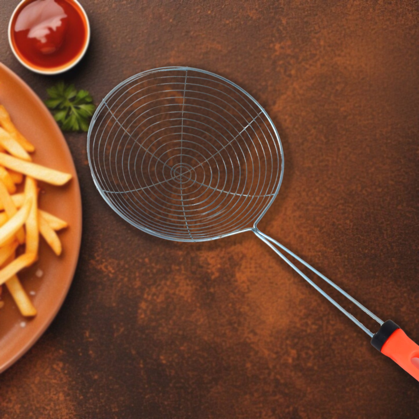 Wukusy stainless steel deep fry strainer with handle for easy draining and filtering in home and kitchen cooking.