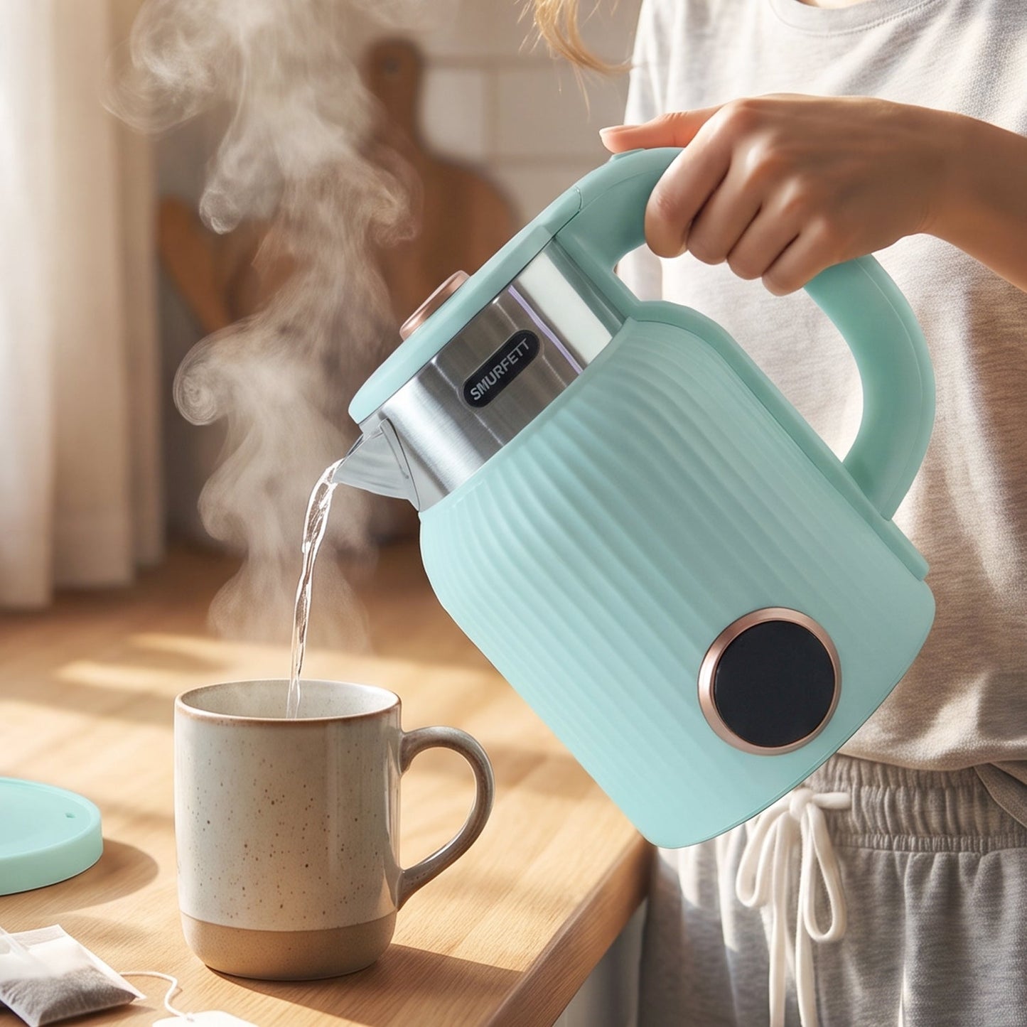 Wukusy 2L electric kettle with 1500W power, stainless steel body, shown boiling water for tea, coffee, or hot beverages.