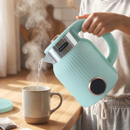 Wukusy 2L electric kettle with 1500W power, stainless steel body, shown boiling water for tea, coffee, or hot beverages.