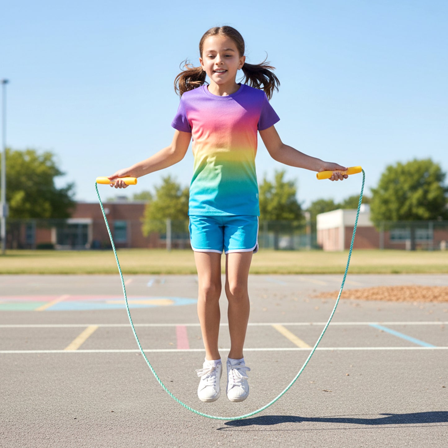 Kids skipping jump rope set by Wukusy for boys and girls, featuring colorful handles and durable rope for active play.