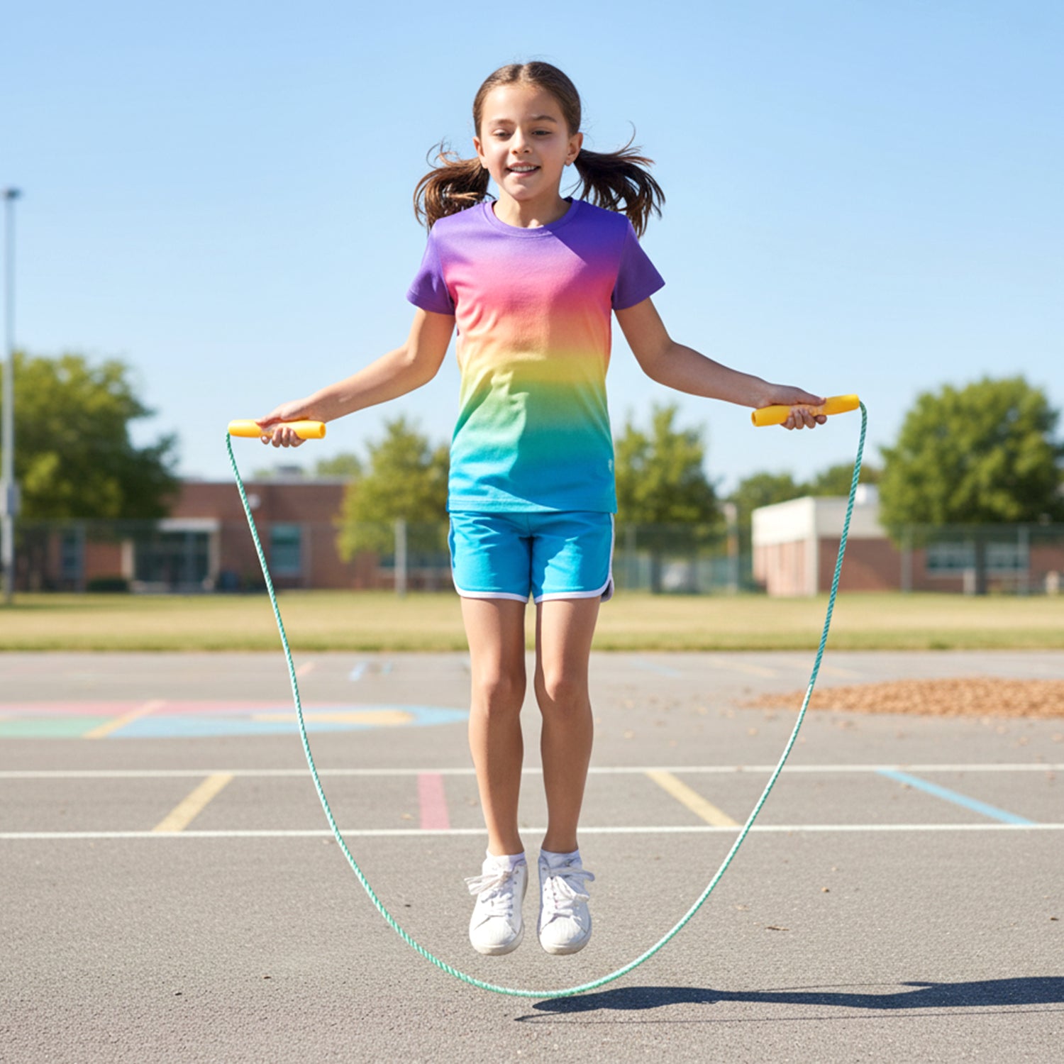 Kids skipping jump rope set by Wukusy for boys and girls, featuring colorful handles and durable rope for active play.