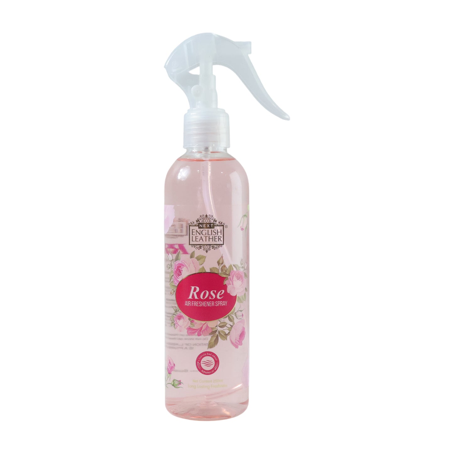 Wukusy Rose fragrance air freshener spray for home use, 250ml bottle with a floral rose design and clear spray nozzle.