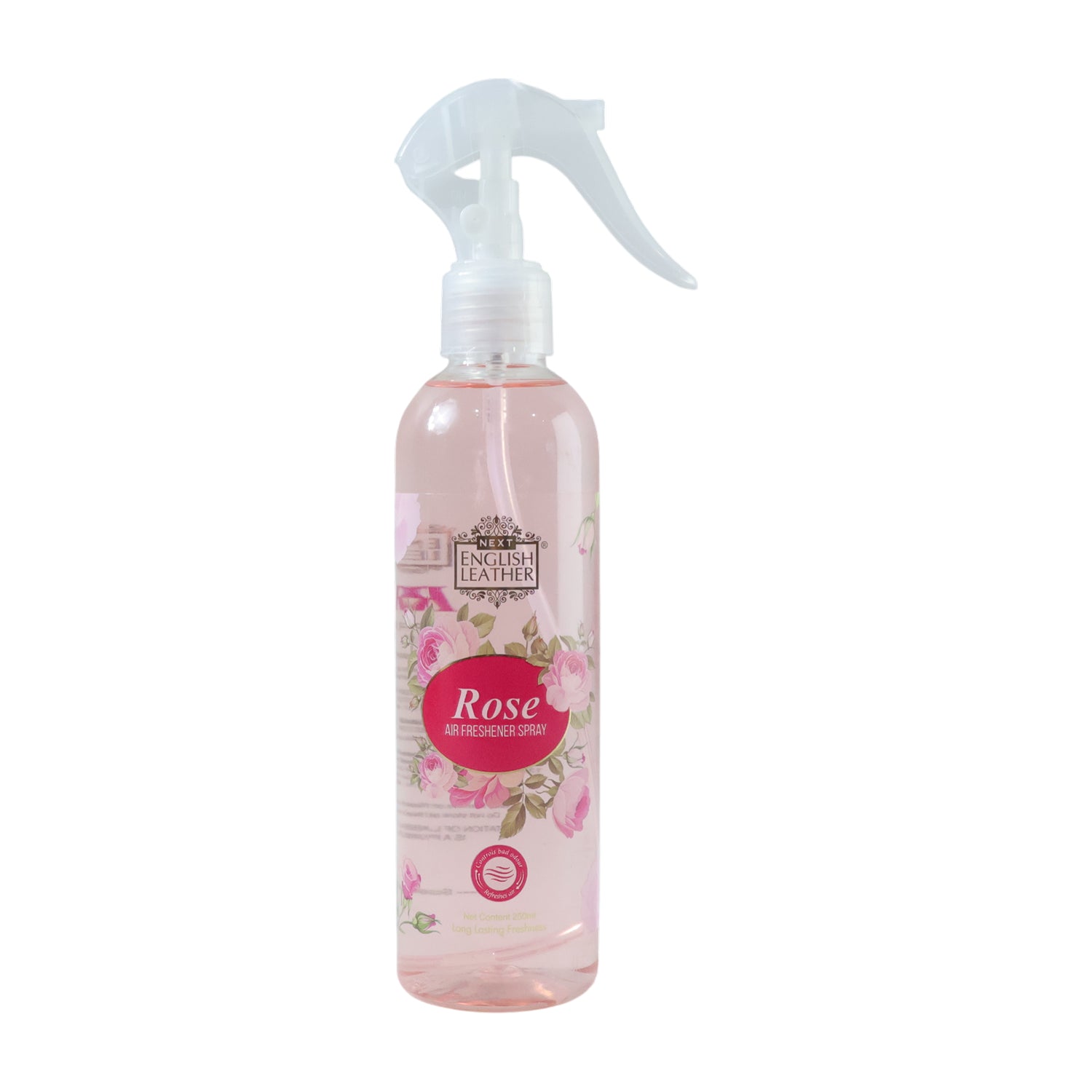 Wukusy Rose fragrance air freshener spray for home use, 250ml bottle with a floral rose design and clear spray nozzle.