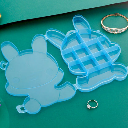 Wukusy transparent cartoon bear plastic jewelry storage box with compartments for organizing small jewelry and accessories.