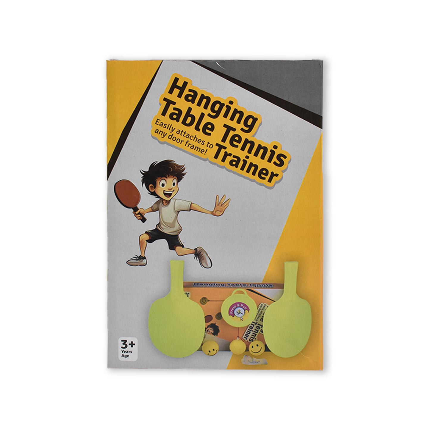 Wukusy hanging table tennis trainer set with three balls, toy game for skill practice, mounted on a surface for indoor play.