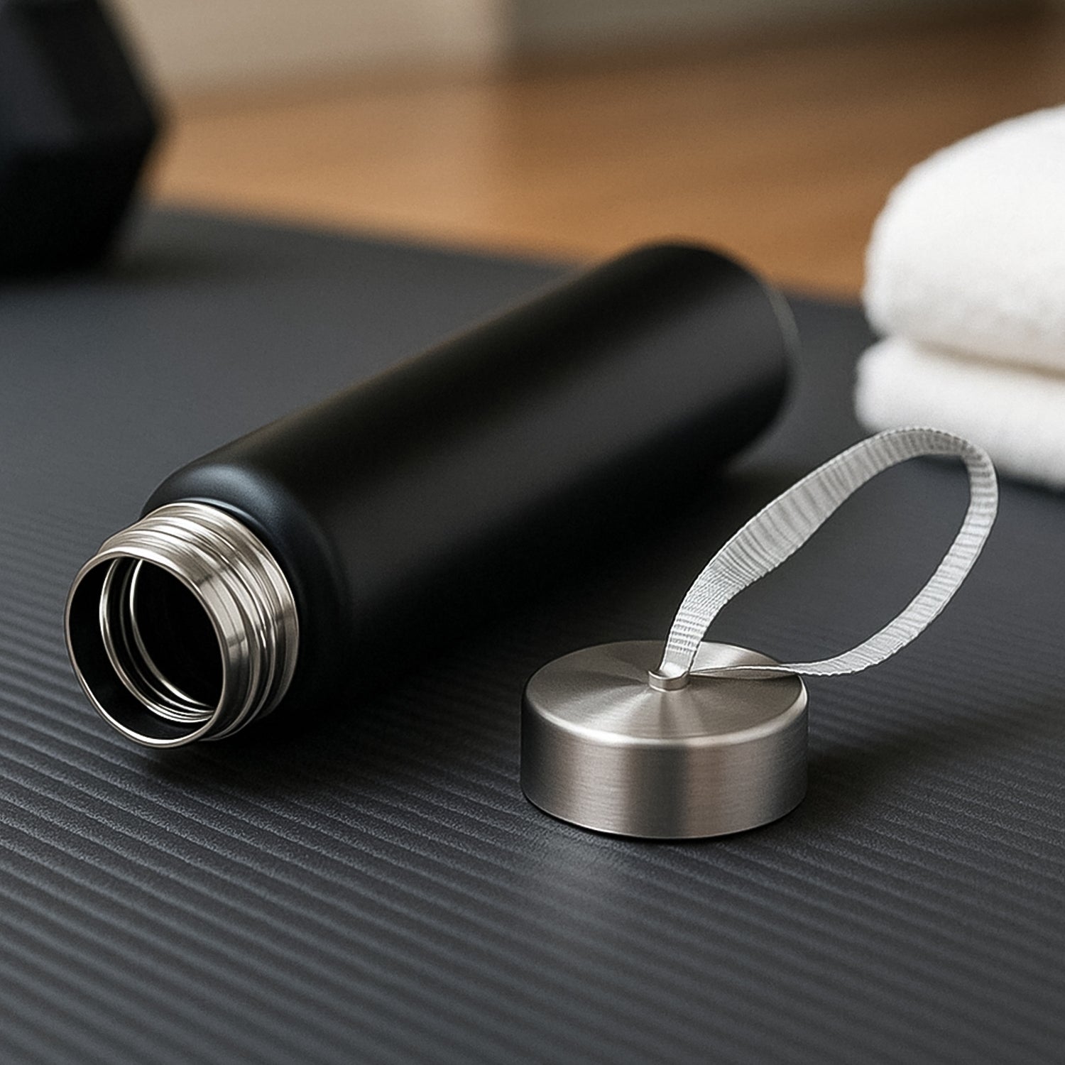 Compact Wukusy stainless steel water bottle with strap, 250ml capacity, ideal for travel and outdoor use.