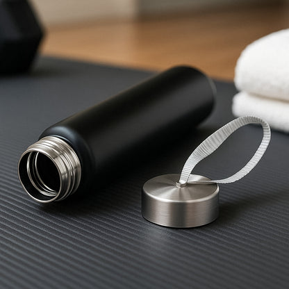 Compact Wukusy stainless steel water bottle with strap, 250ml capacity, ideal for travel and outdoor use.