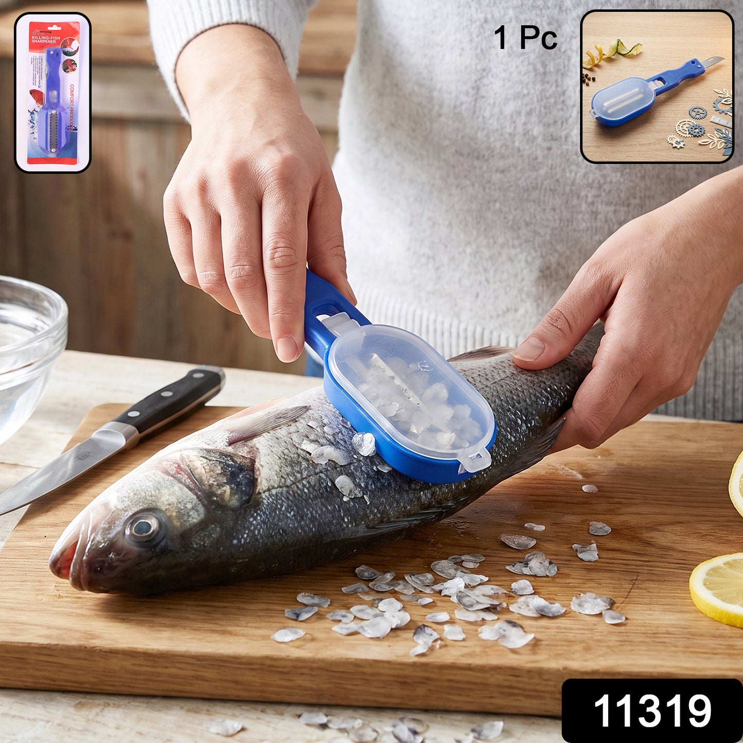 Wukusy fish scaler scraper with lid, skin remover and scale remover for kitchen, showing the stainless steel tool with handle and lid.