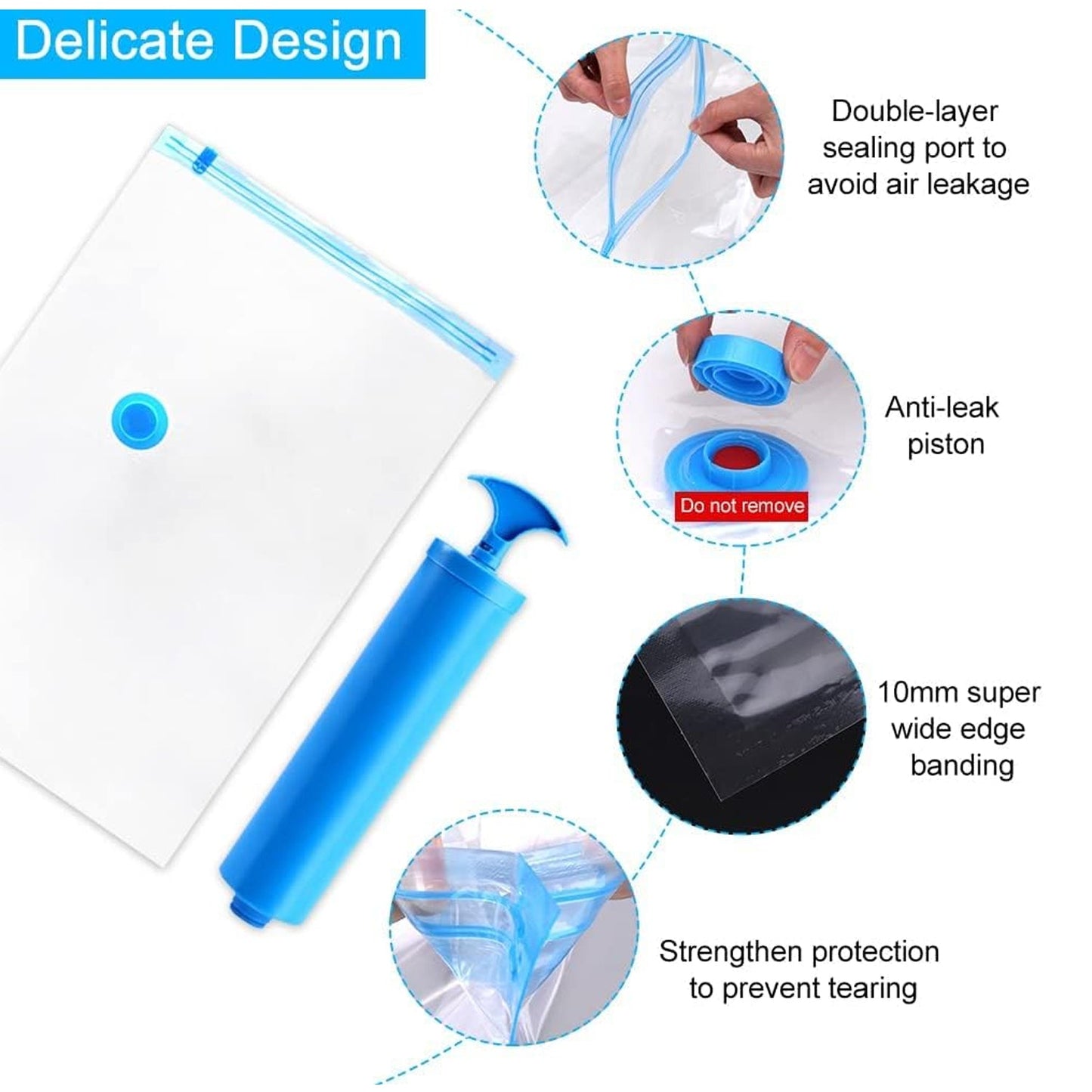 Wukusy vacuum storage bags with suction pump and shirt clips, large capacity compression bags for travel clothes, blankets, and pillows.