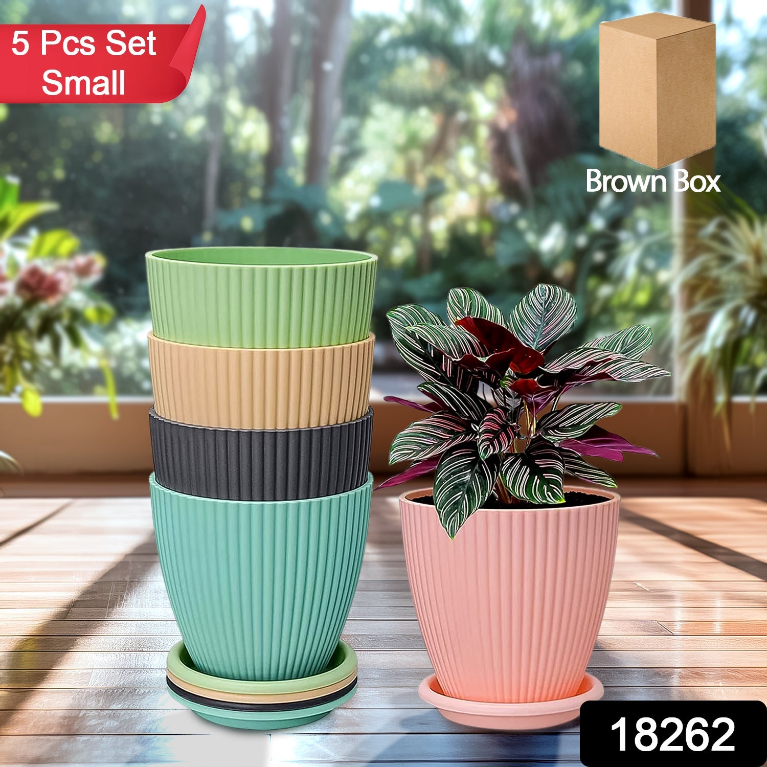 Set of 5 small round flower pots with bottom trays from Wukusy, measuring 14-16 cm, ideal for indoor or outdoor plants.