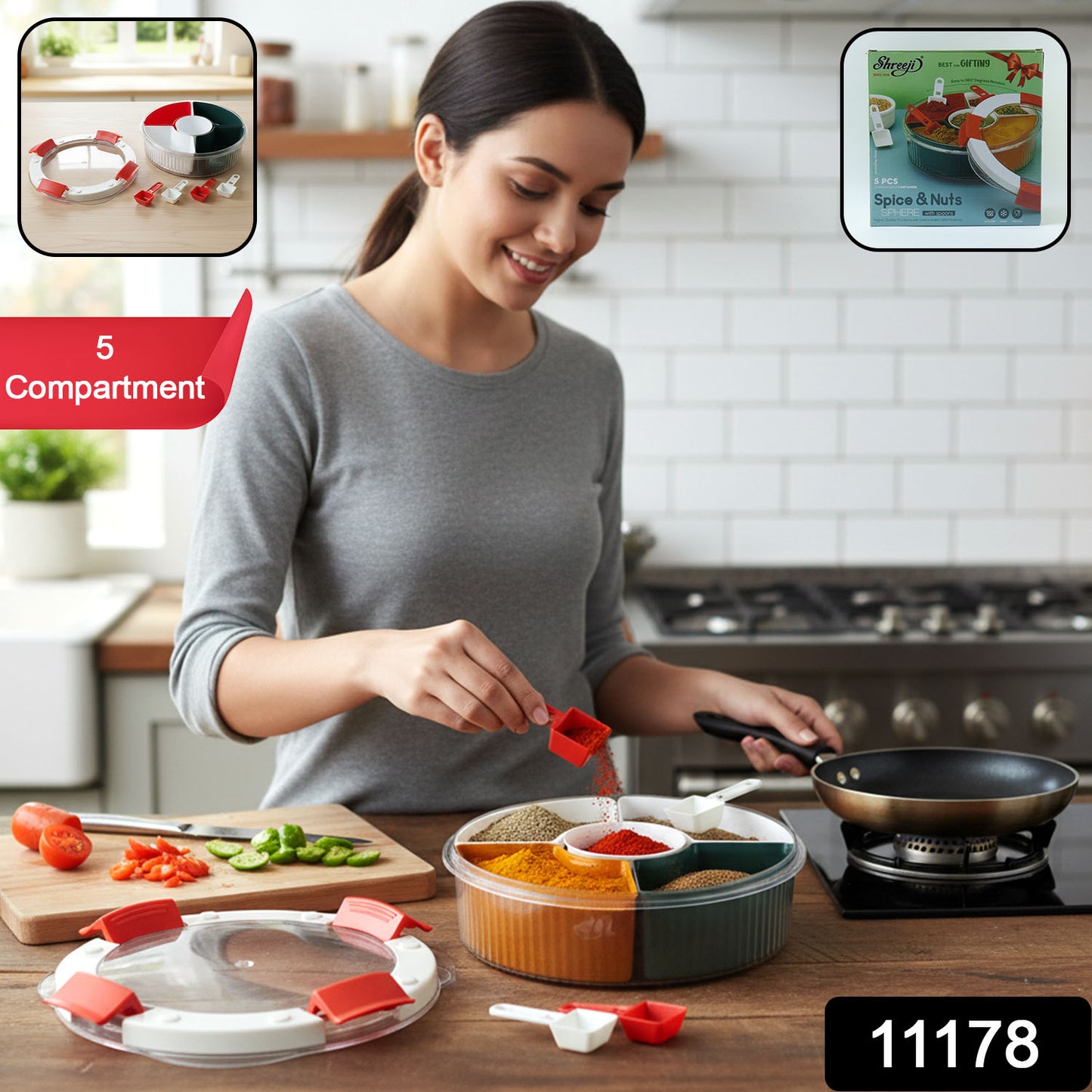 Wukusy plastic spice storage box with five compartments and spoons, organized for kitchen spice jars and seasoning storage.