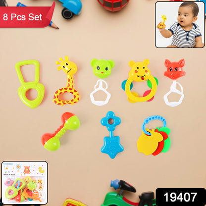 Set of 8 Wukusy baby rattle toys for infants, colorful and soft, designed to entertain and soothe young children.