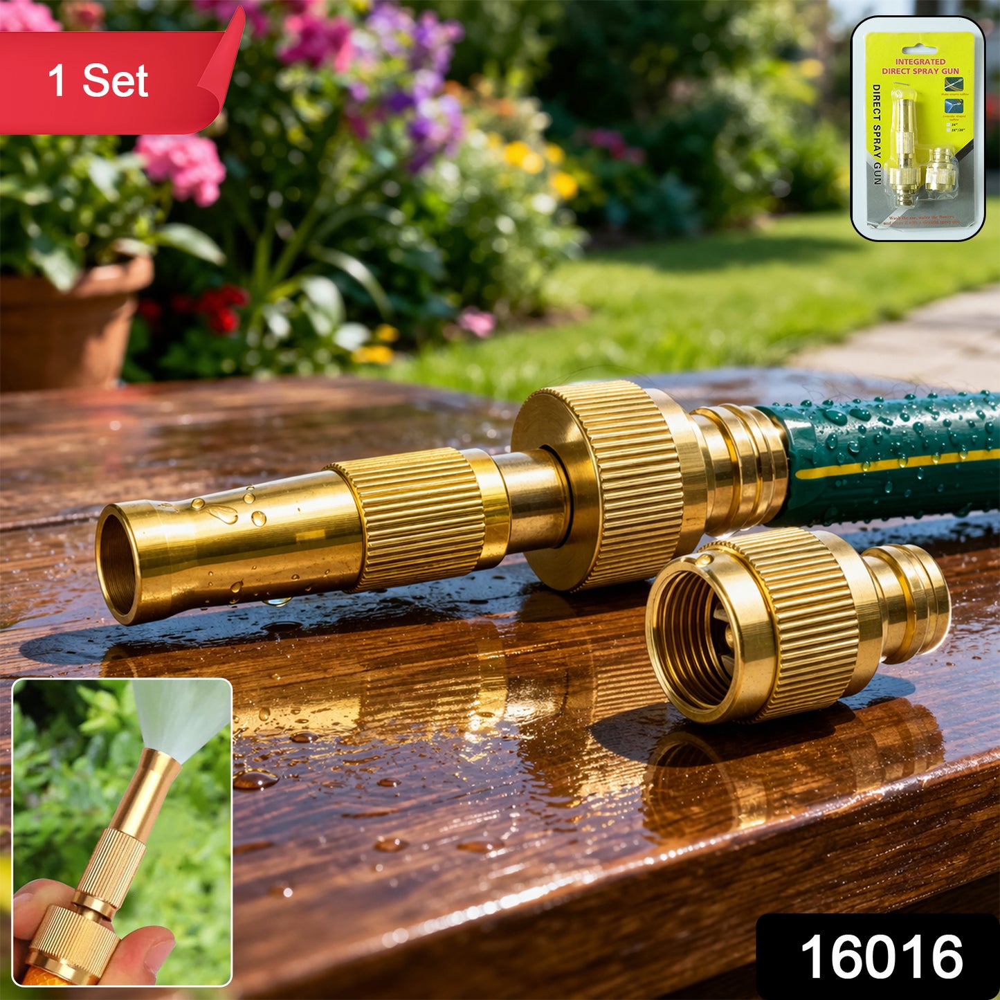 Wukusy heavy duty brass garden hose spray nozzle set with adjustable spray patterns and ergonomic handle for watering gardens.