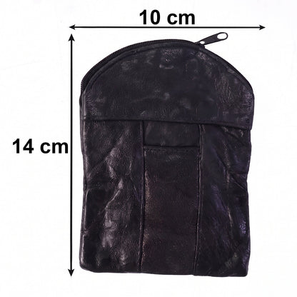 Leather mini zipper pouch by Wukusy, compact coin and card organizer for men and women, with a sleek zipper closure.