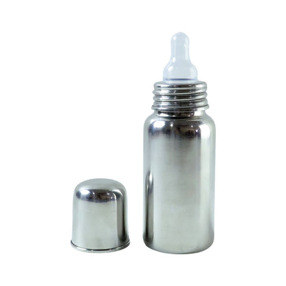 Stainless steel Wukusy baby feeding bottle with 200ml capacity, featuring a clear silicone nipple and ergonomic design.