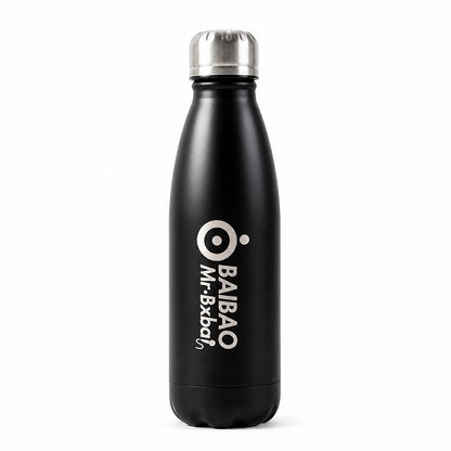 Stainless steel water bottle by Wukusy, 500ml capacity, with a sleek silver finish and a secure screw-on lid.