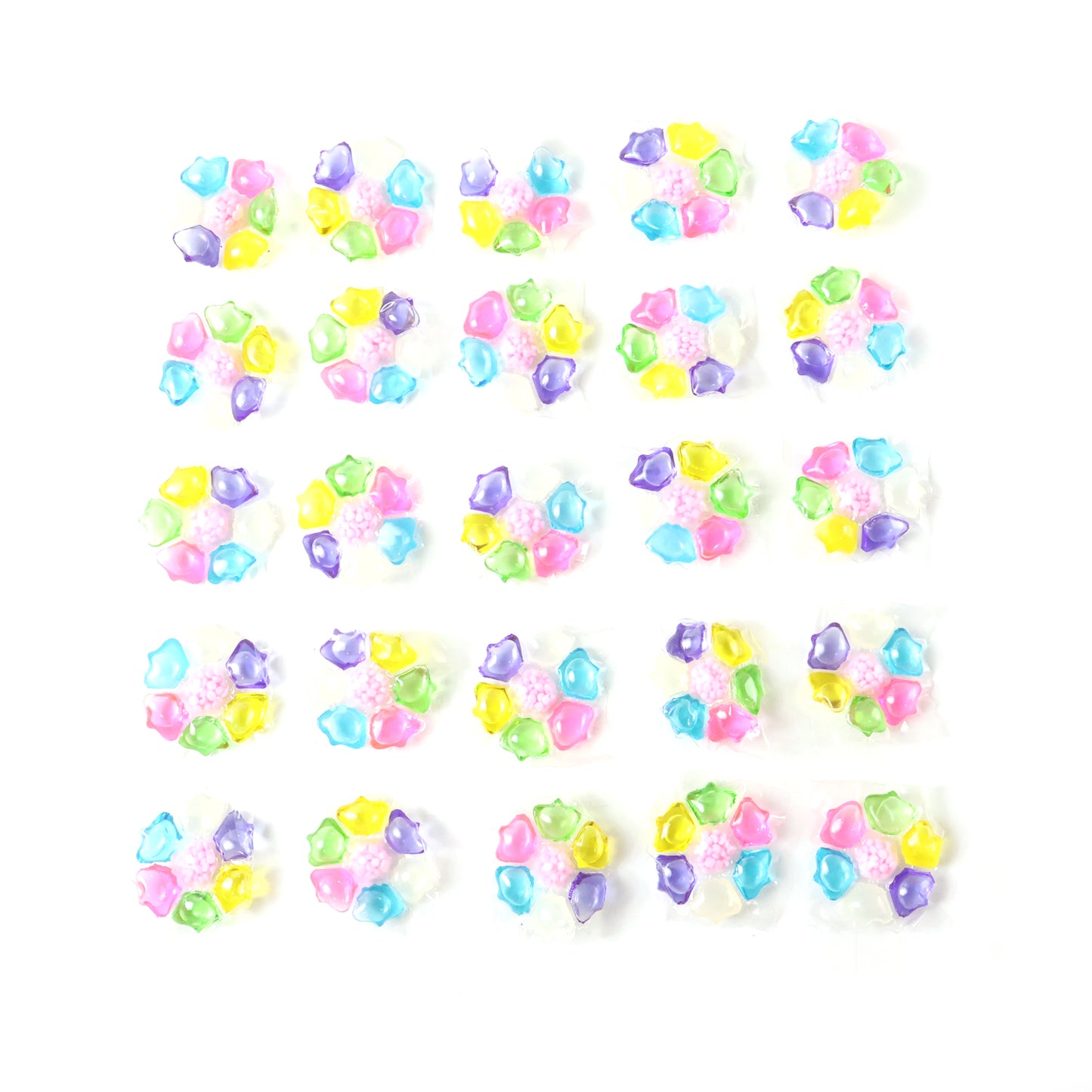 Colorful laundry detergent pods by Wukusy, 25-piece pack, showing vibrant, multi-colored pods in a close-up view.
