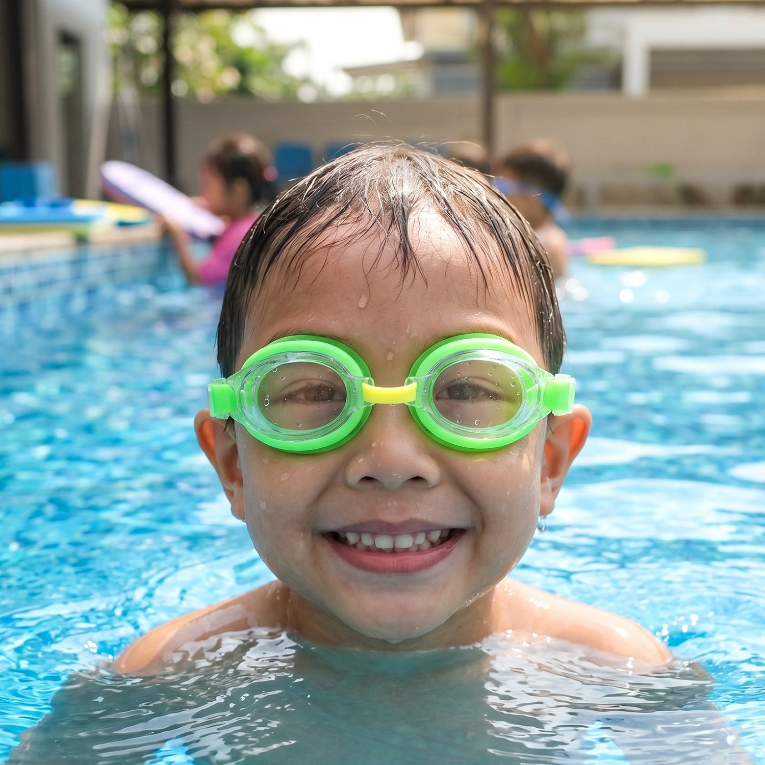 Wukusy premium swimming goggles with adjustable straps and clear lenses, stored in protective case for swimming or water sports.